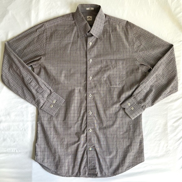 Peter Millar 100% Cotton Light Brown Plaid Long Sleeve Button Down‎ size Medium - Picture 3 of 11